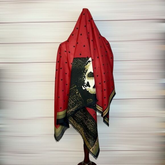 KRIZIA Italy Large Scarf Shawl Wool Silk Blend Red with Panda Print 52x52” - Picture 2 of 11